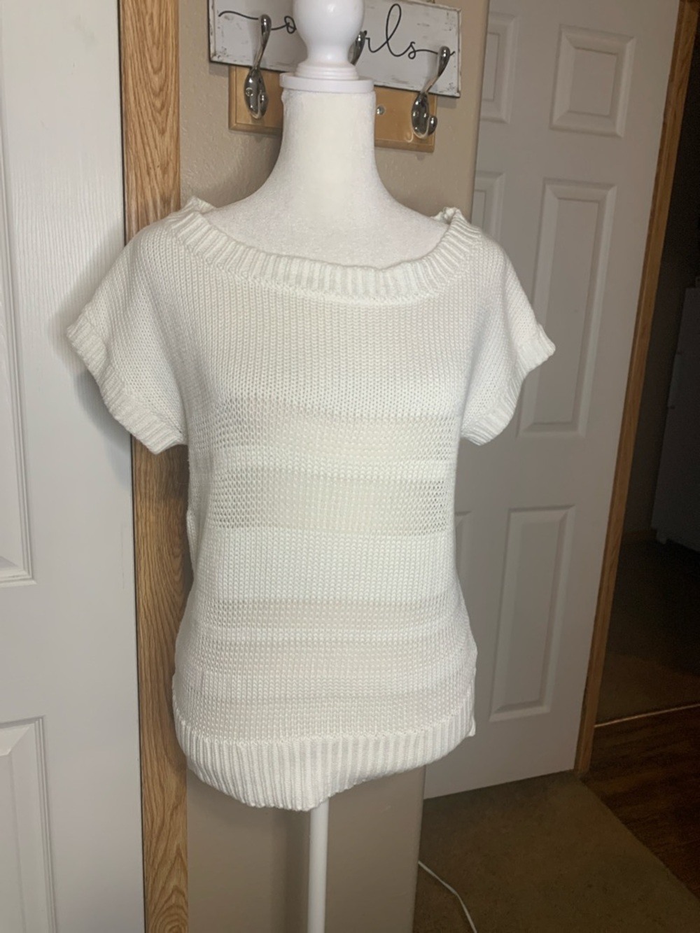 LOFT White Open-Stitch Knit Short Sleeve Top